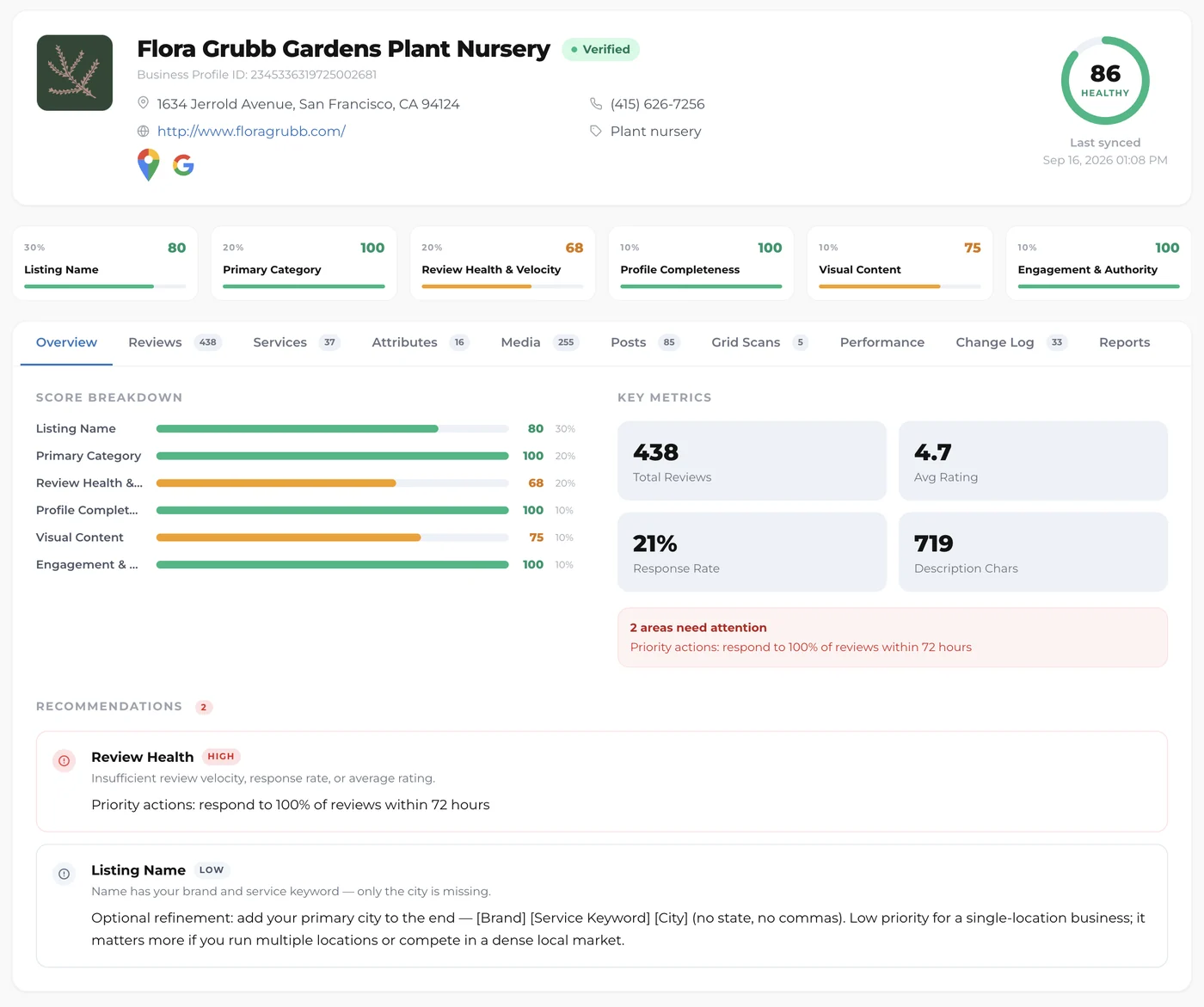 Listing health scoring in GBP Manager