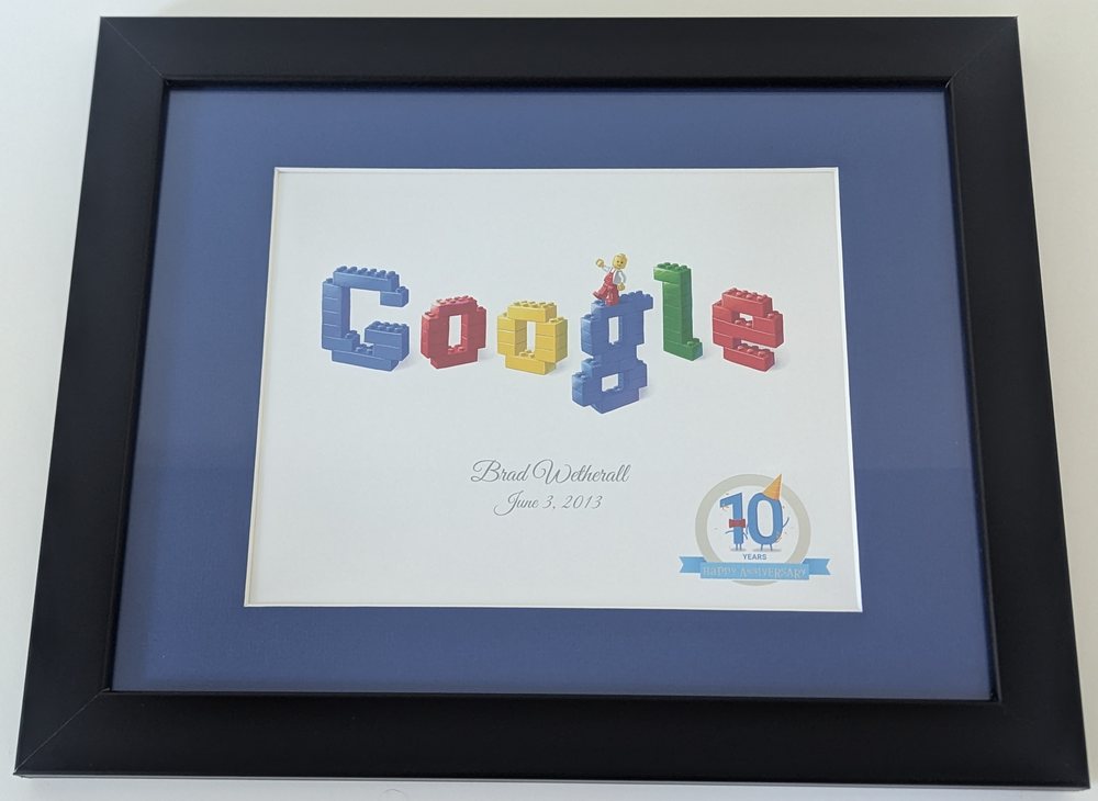 Ten-year service award from Google, inscribed Brad Wetherall, June 3 2013